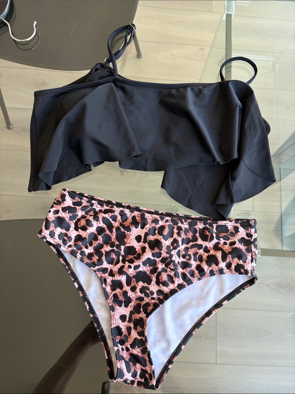 aerie Black Ruffle Bikini Top with Pink Leopard High-Waist Bottoms